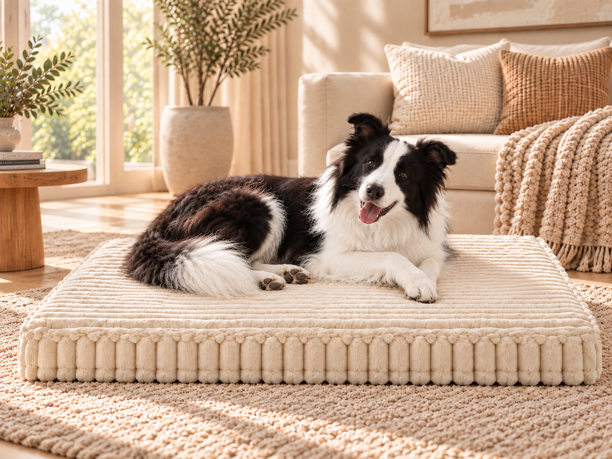 Border Collie resting on the Beige ribbed Pavory dog bed in a warm premium living room.