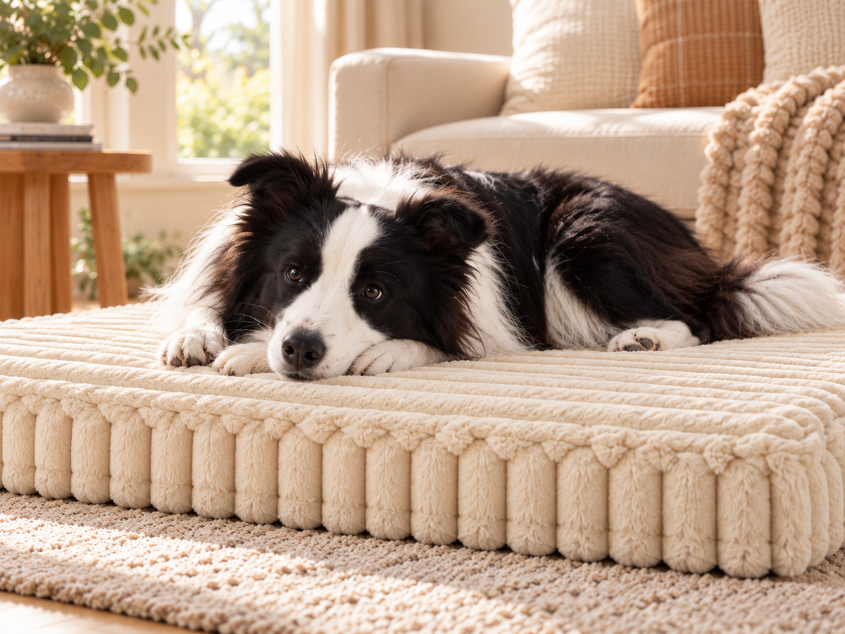 Relaxed Border Collie resting its head on the soft Beige ribbed Pavory dog bed.
