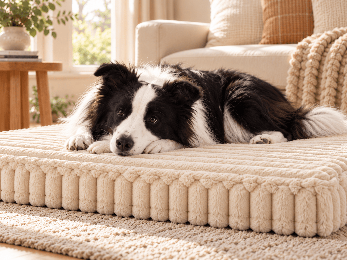 Relaxed Border Collie resting its head on the soft Beige ribbed Pavory dog bed.