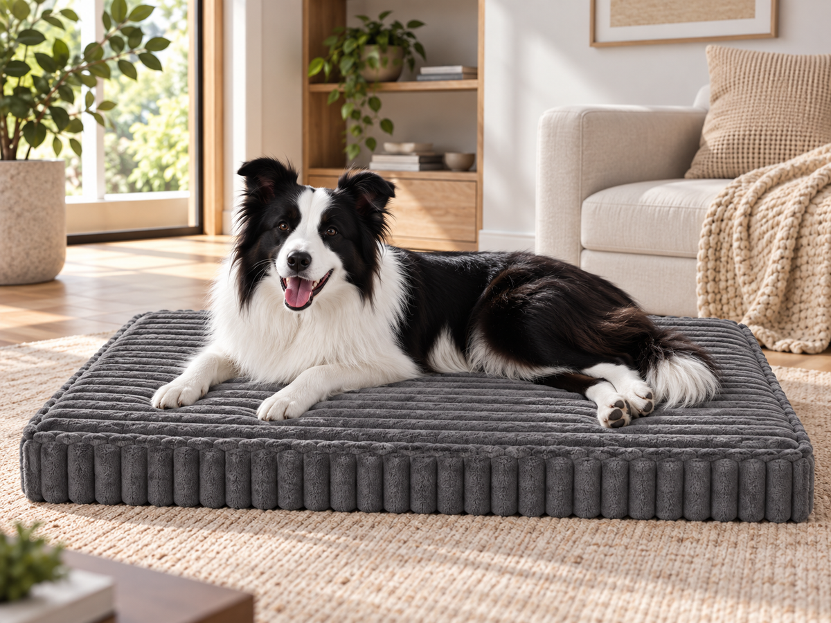 Border Collie resting on the Dark Grey ribbed Pavory dog bed in a refined modern living room.