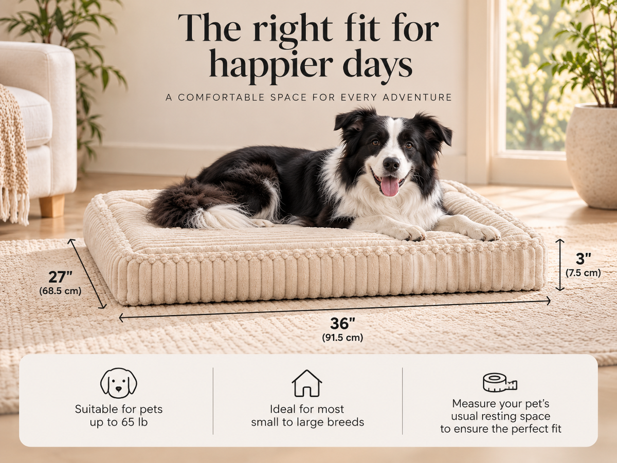 Pavory dog bed dimensions: 36 inches long, 27 inches wide and 3 inches high, suitable for pets up to 65 lb.