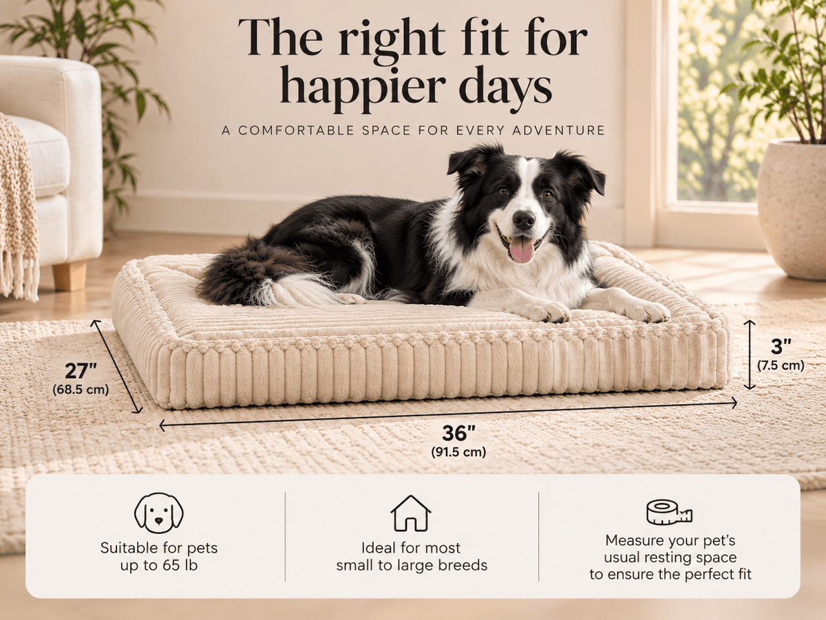 Pavory dog bed dimensions: 36 inches long, 27 inches wide and 3 inches high, suitable for pets up to 65 lb.