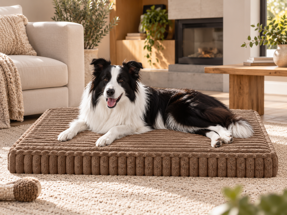 Border Collie resting on the Coffee ribbed Pavory dog bed in an elegant modern interior.