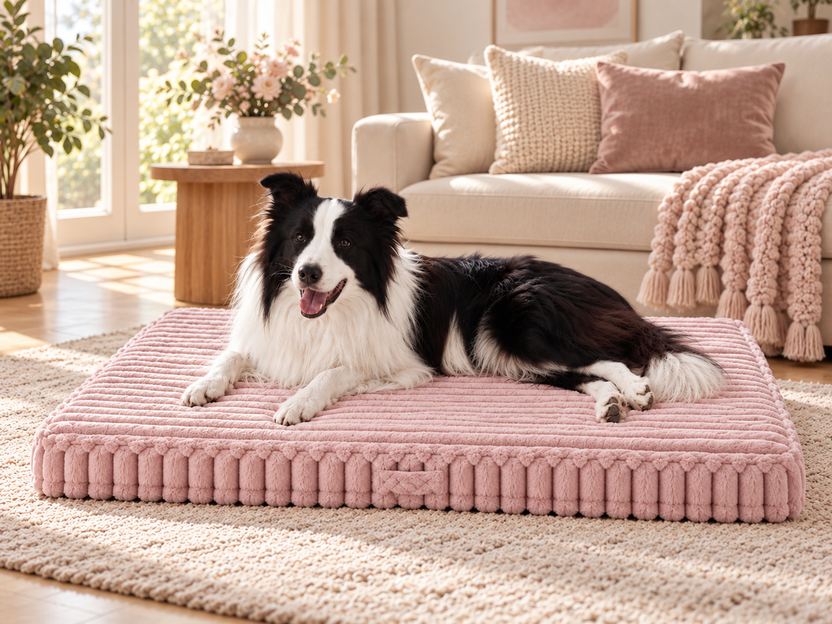 Border Collie resting on the Pink ribbed Pavory dog bed in a soft and elegant living room.
