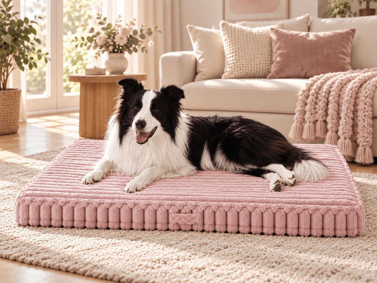 Border Collie resting on the Pink ribbed Pavory dog bed in a soft and elegant living room.