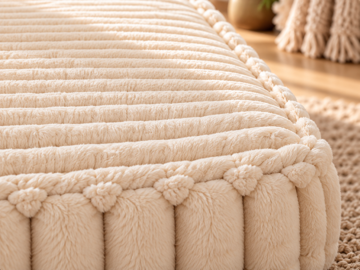 Close-up of the Beige ribbed plush fabric, stitching and edge finish of the Pavory dog bed.