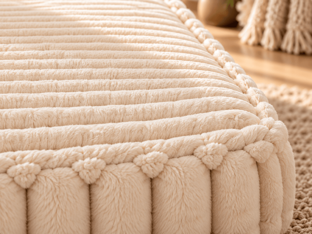 Close-up of the Beige ribbed plush fabric, stitching and edge finish of the Pavory dog bed.