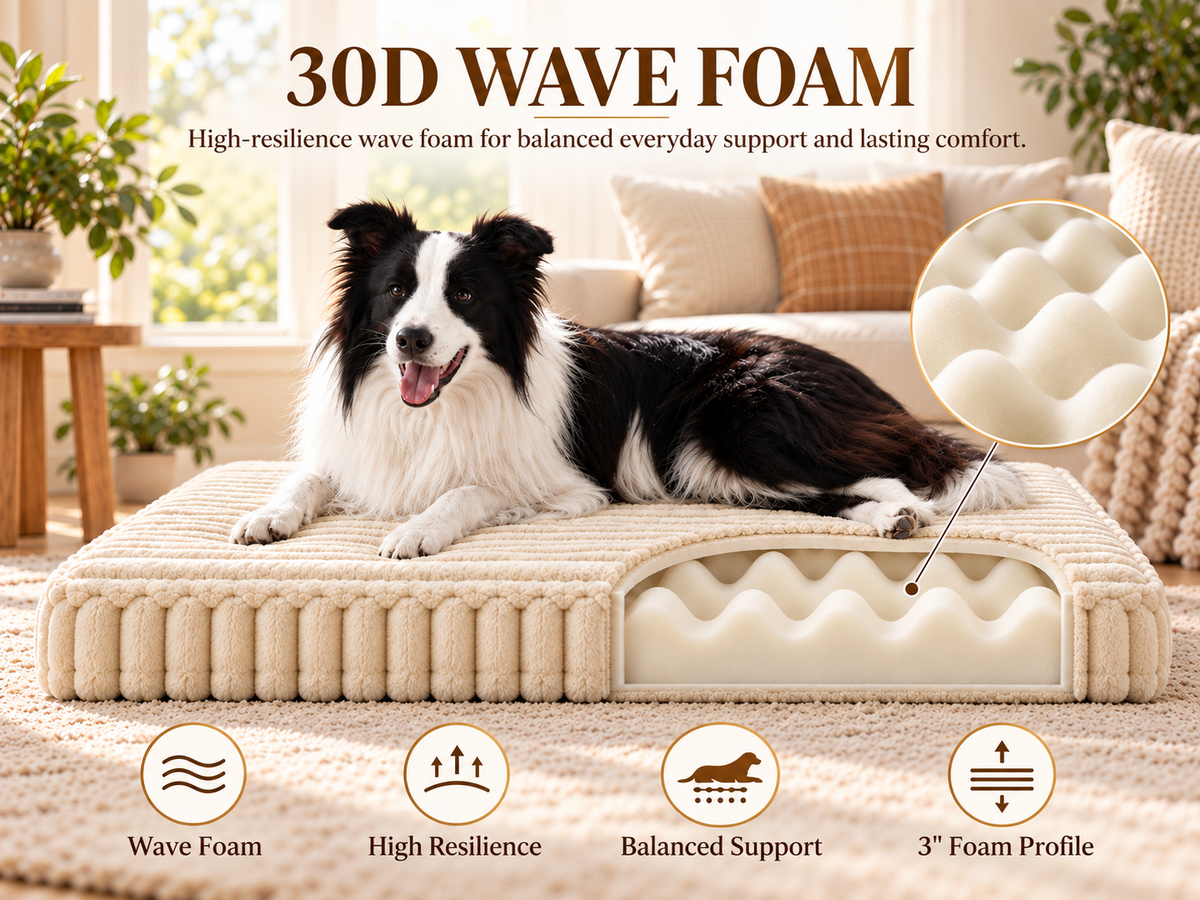 Cutaway view of the Pavory dog bed showing 30D high-resilience wave foam and a 3-inch foam profile.