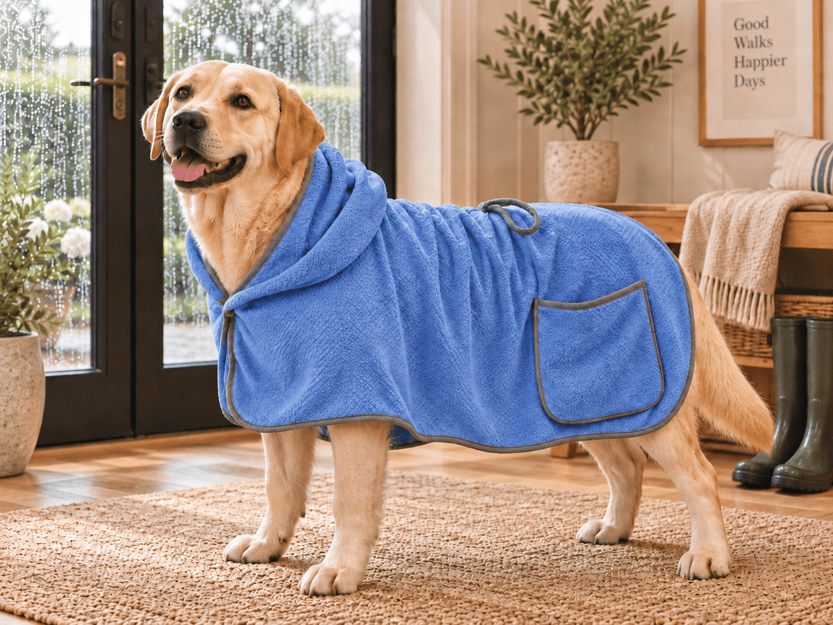 Labrador Retriever wearing a loose blue hooded dog drying robe with gray trim and side pocket indoors.
