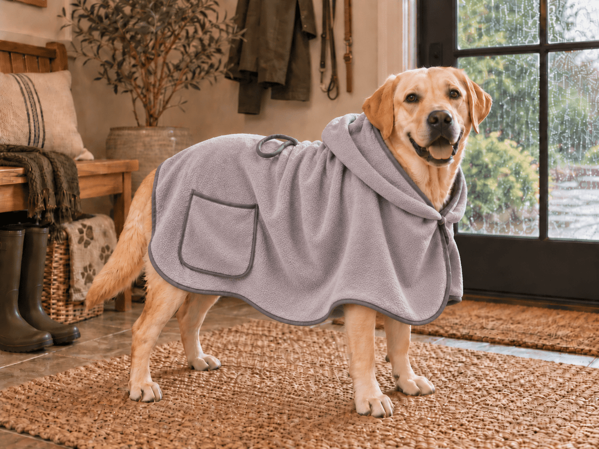 Labrador Retriever wearing a loose gray hooded dog drying robe with dark gray trim and side pocket.