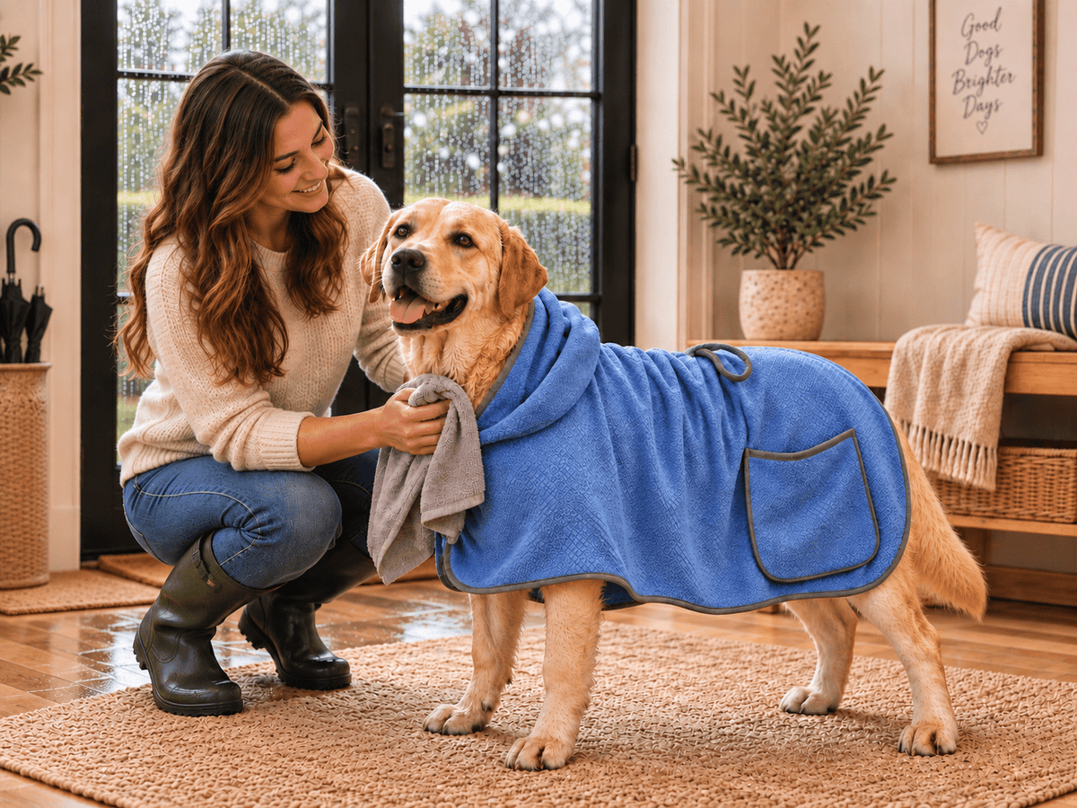 Woman beside a Labrador Retriever wearing a loose blue dog drying robe after a rainy walk.