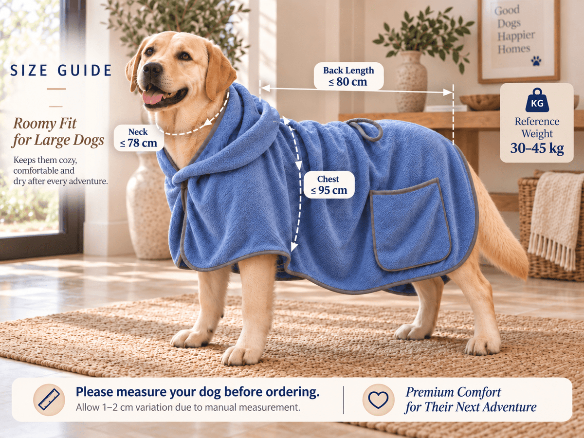 Dog drying robe size guide showing back, chest and neck measurements with a 30–45 kg reference weight.