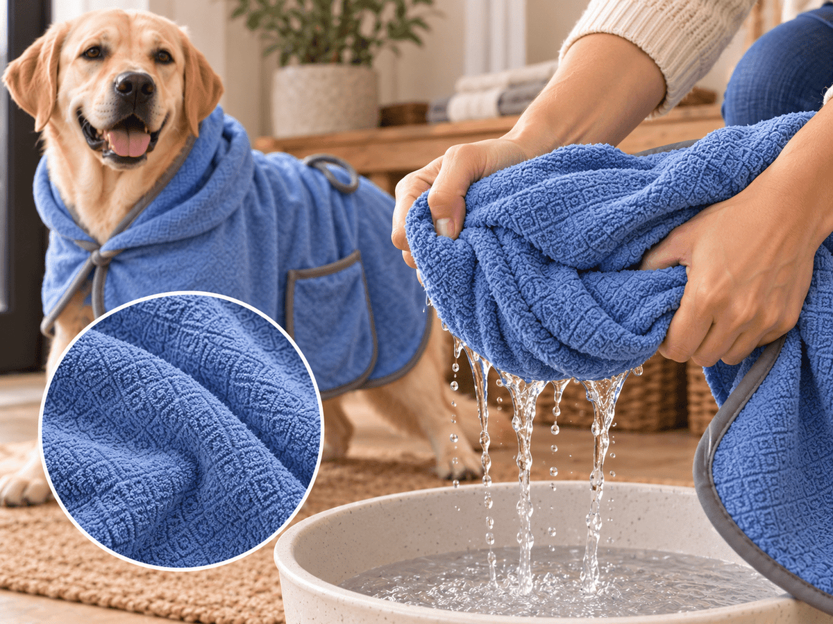 Close-up of blue textured dog drying robe fabric being wrung over a basin with the robe in the background.