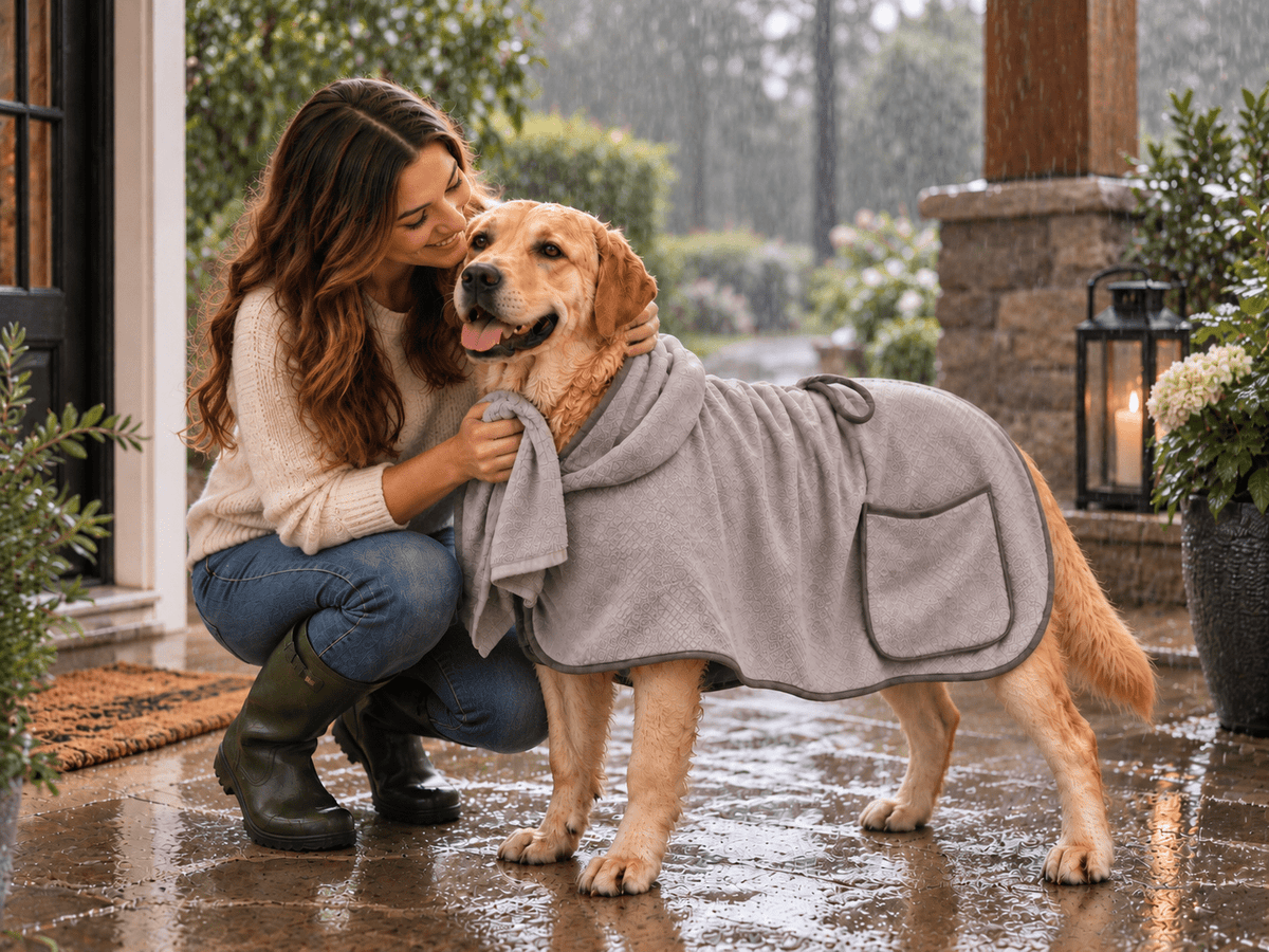 Labrador Retriever wearing a gray dog drying robe outdoors with its owner on a rainy day.