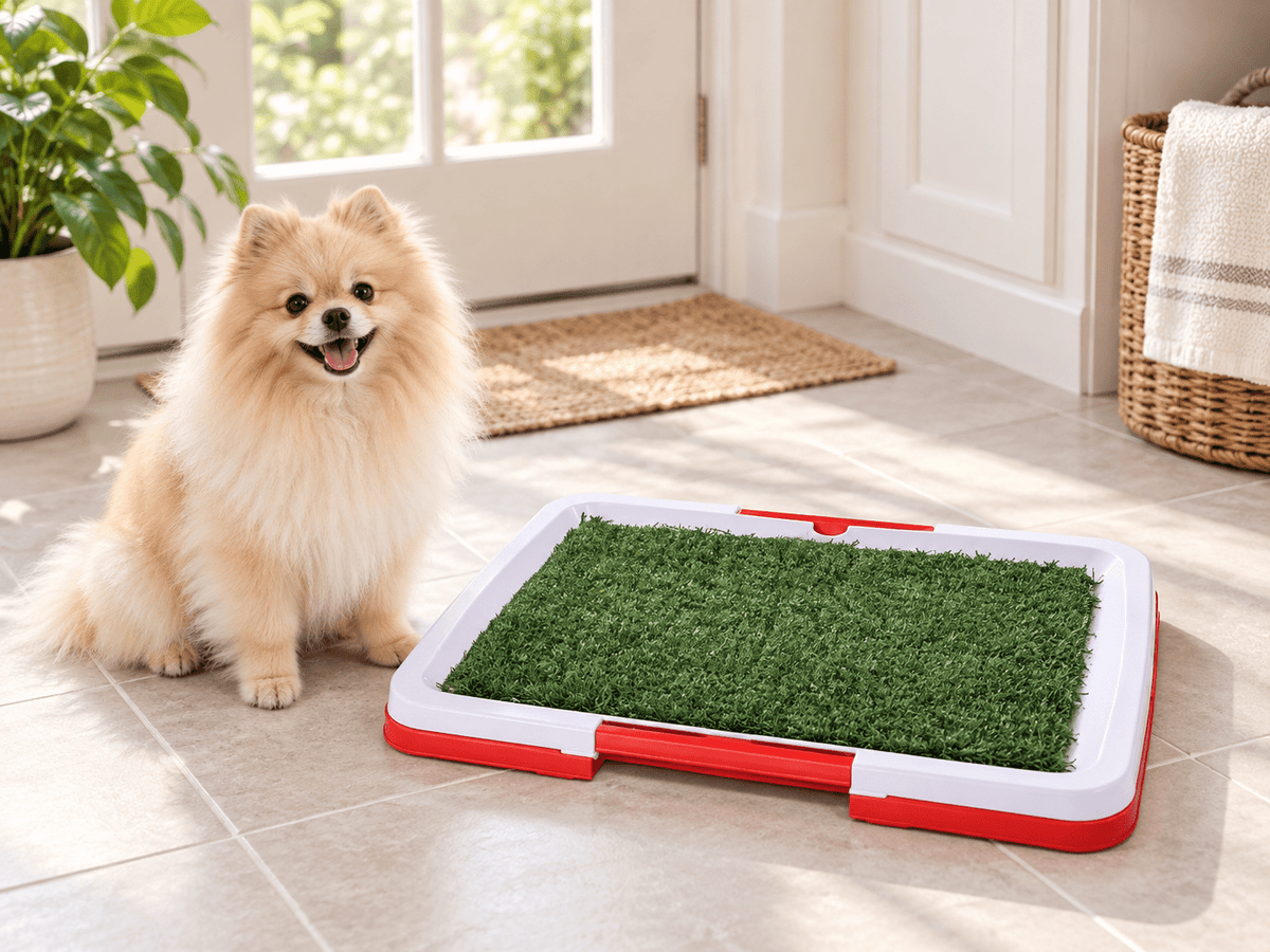 Cream Pomeranian beside a three-layer indoor dog potty with synthetic grass in a bright home entryway.