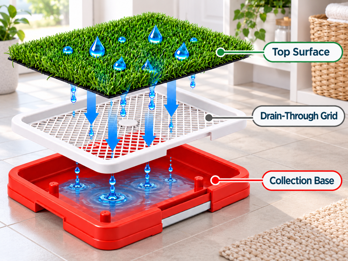 Drainage diagram showing liquid passing through synthetic grass and grid into the collection base.