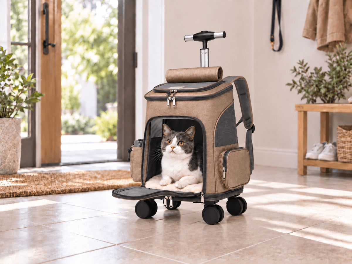 Khaki convertible wheeled pet travel backpack with a cat resting inside.