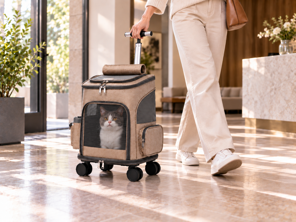 Woman rolling the Khaki pet travel backpack in trolley mode.