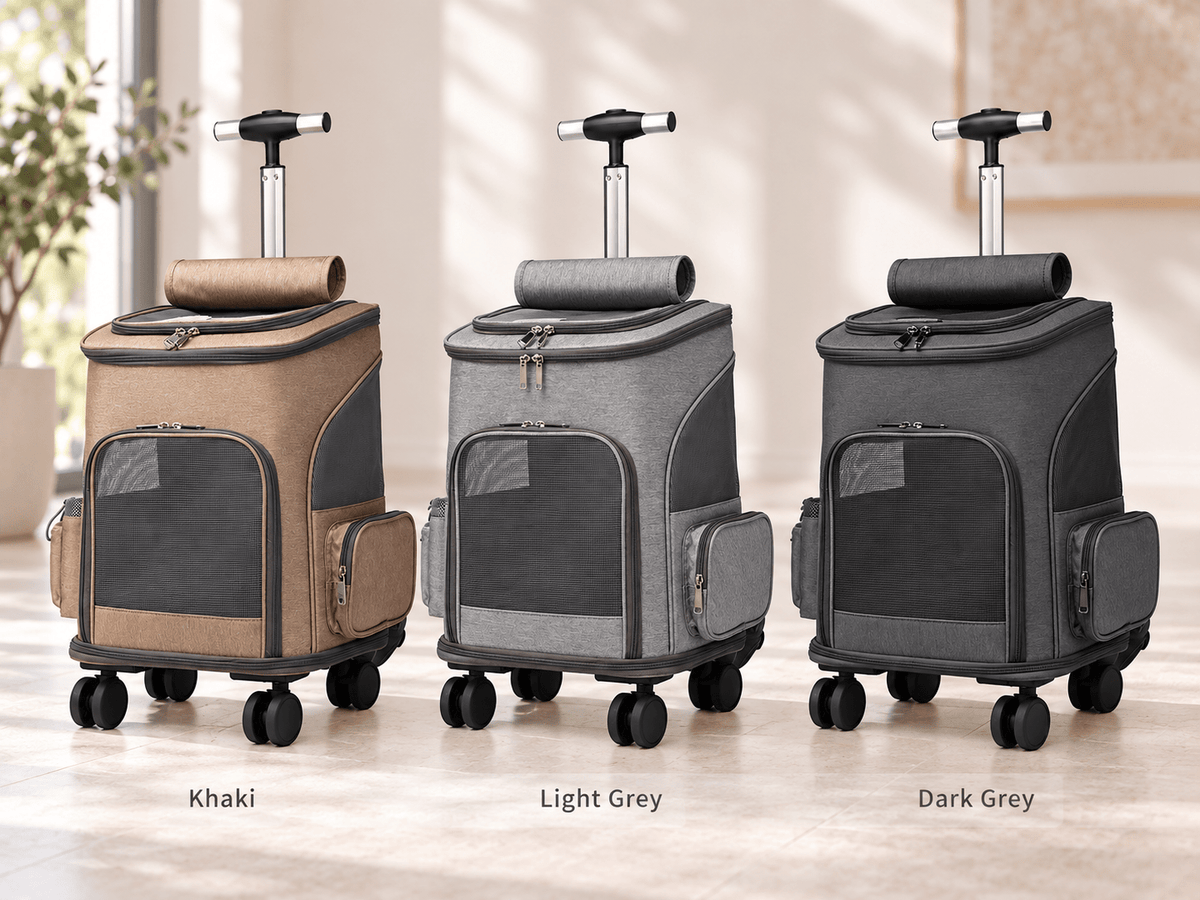 Convertible wheeled pet travel backpack in Khaki, Light Grey and Dark Grey.