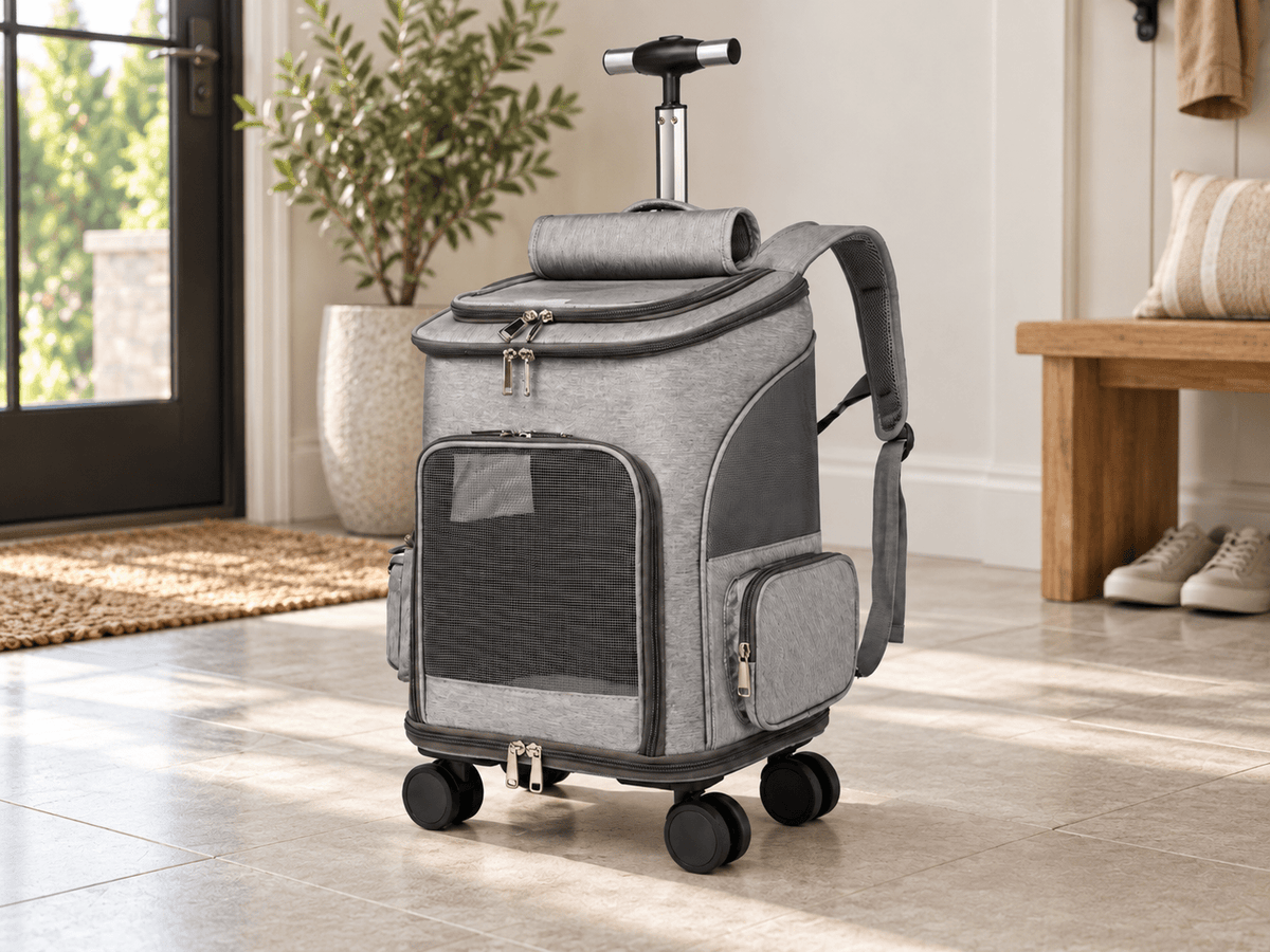 Light Grey convertible wheeled pet travel backpack with breathable mesh panels.
