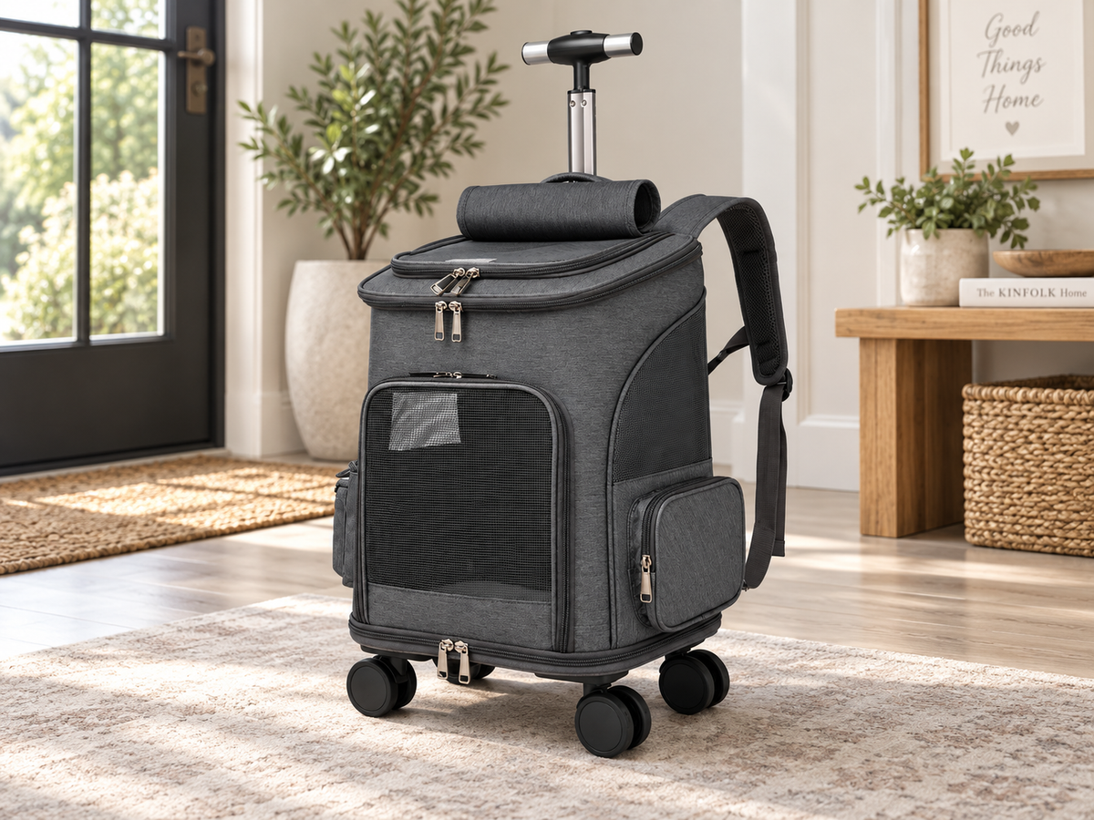 Dark Grey convertible wheeled pet travel backpack with breathable mesh panels.