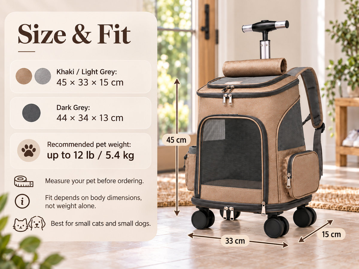 Size and fit guide for the convertible wheeled pet travel backpack.