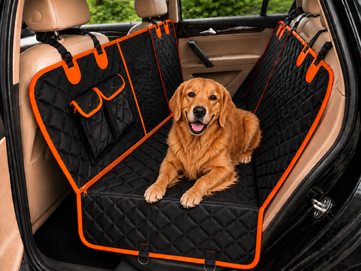 Golden Retriever resting on Pavory hard-bottom dog car seat cover in a rear seat