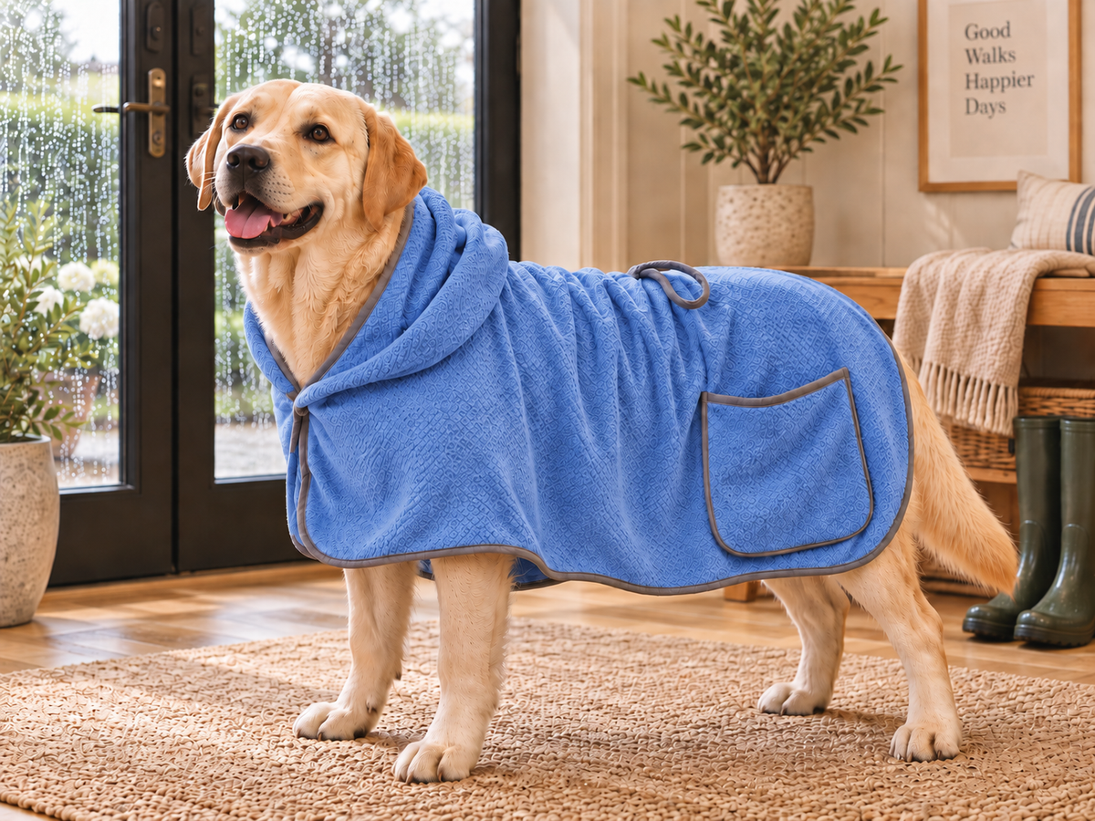 Labrador Retriever wearing a loose blue hooded dog drying robe with gray trim and side pocket indoors.