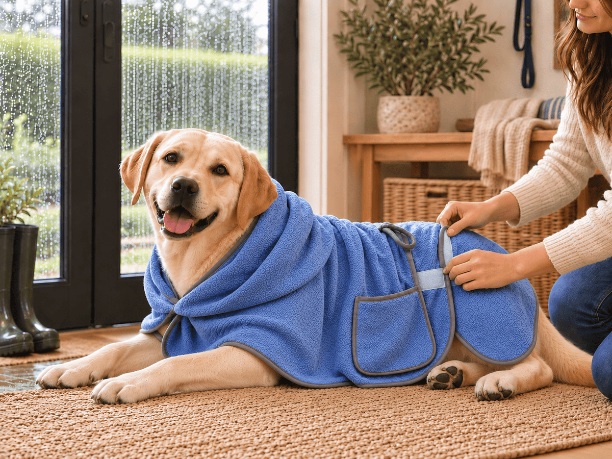 Labrador Retriever lying comfortably in a blue dog drying robe while the owner adjusts the fit.
