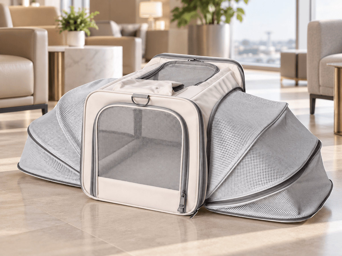 Beige expandable pet carrier with breathable mesh side extensions in a premium interior