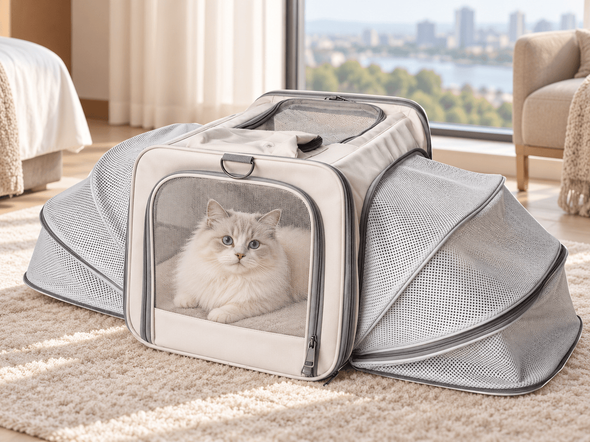 Cat resting comfortably inside the beige expandable pet carrier
