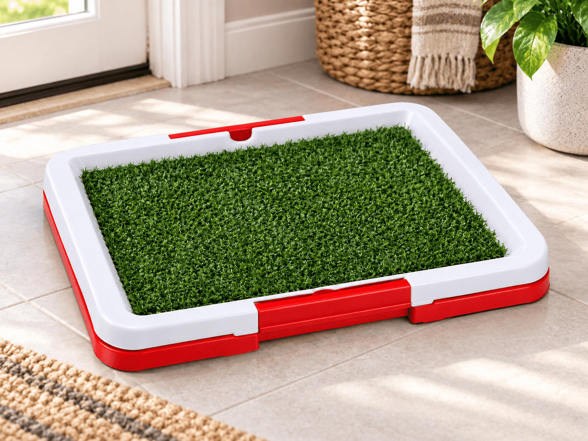 Three-layer indoor dog potty with synthetic grass, white frame and red base in a bright home entryway.