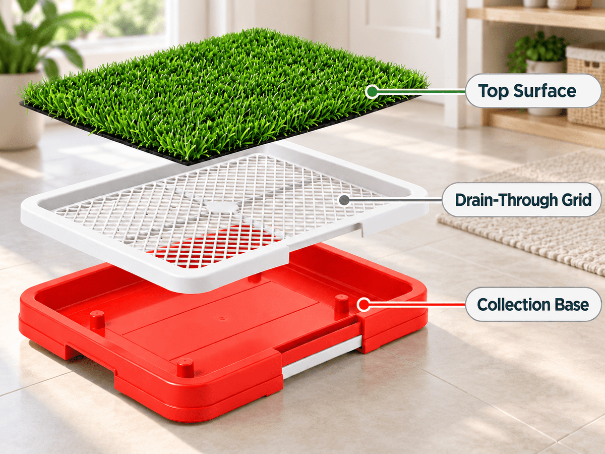 Exploded view of an indoor dog potty showing synthetic grass, drain-through grid and collection base.