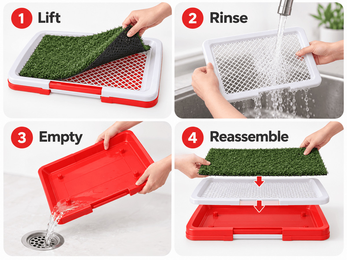 Four-step cleaning guide for lifting, rinsing, emptying and reassembling the indoor dog potty.