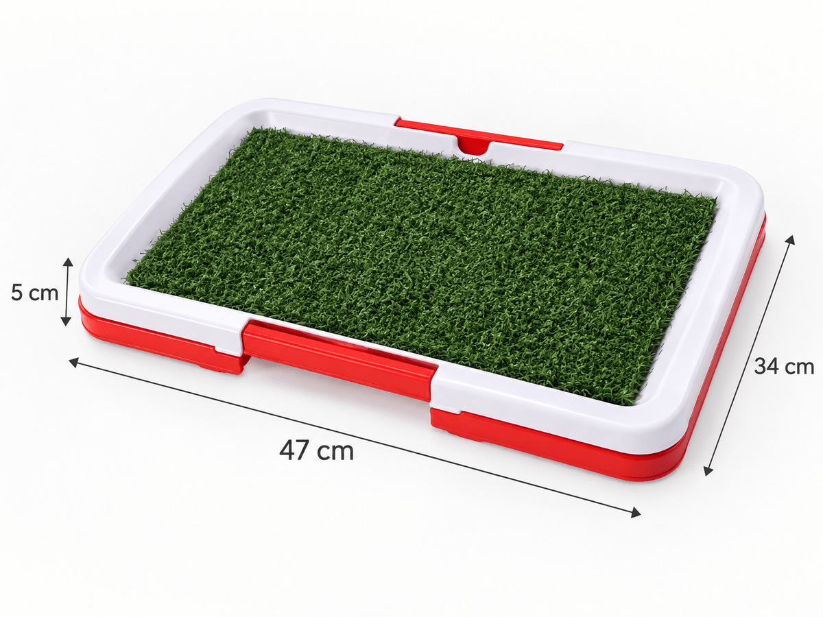 Indoor dog potty measuring 47 cm long, 34 cm wide and 5 cm high.