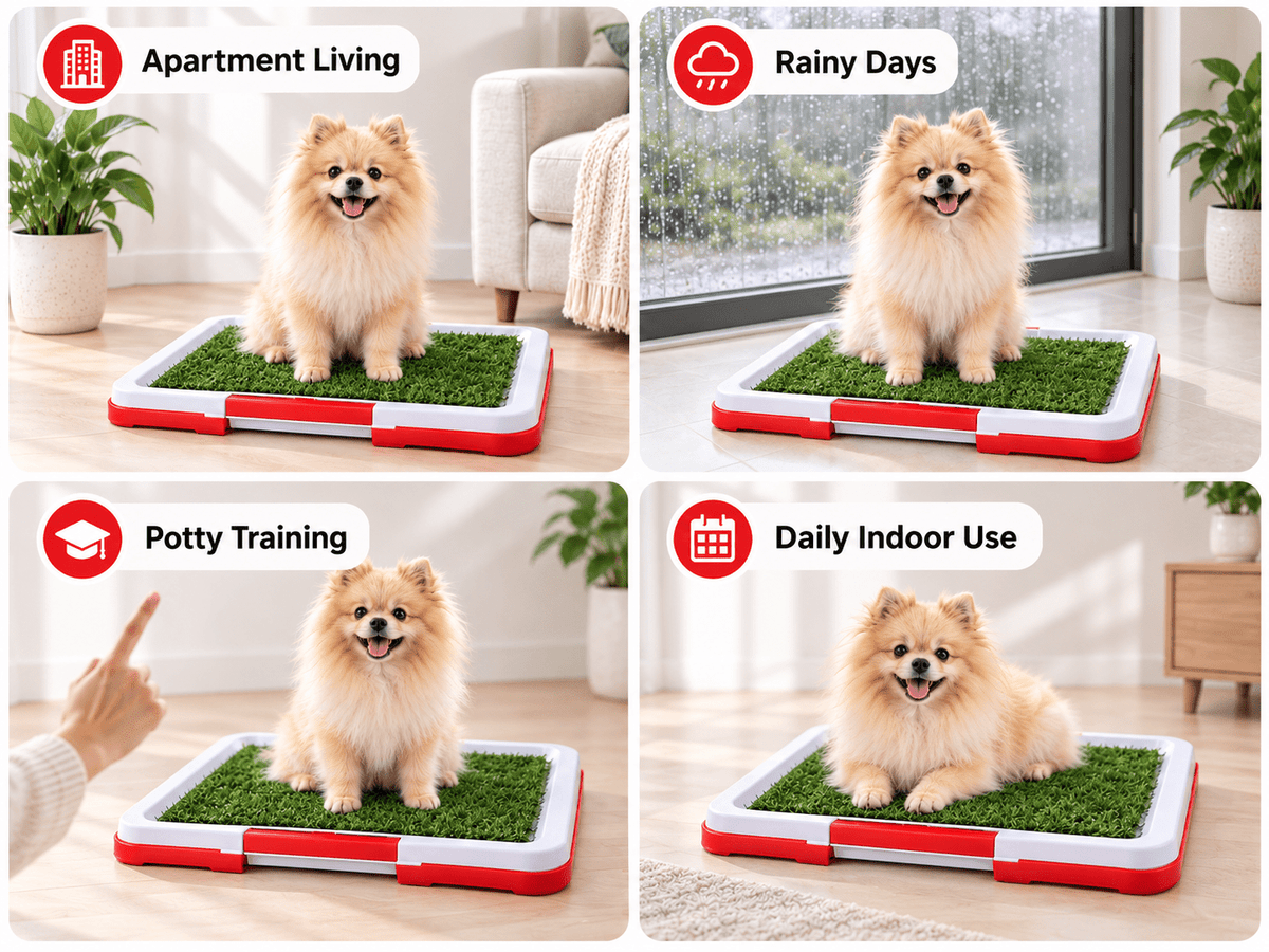 Indoor dog potty shown for apartment living, rainy days, potty training and daily indoor use.
