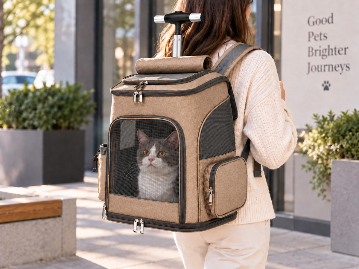 Woman carrying the Khaki convertible pet carrier in backpack mode.