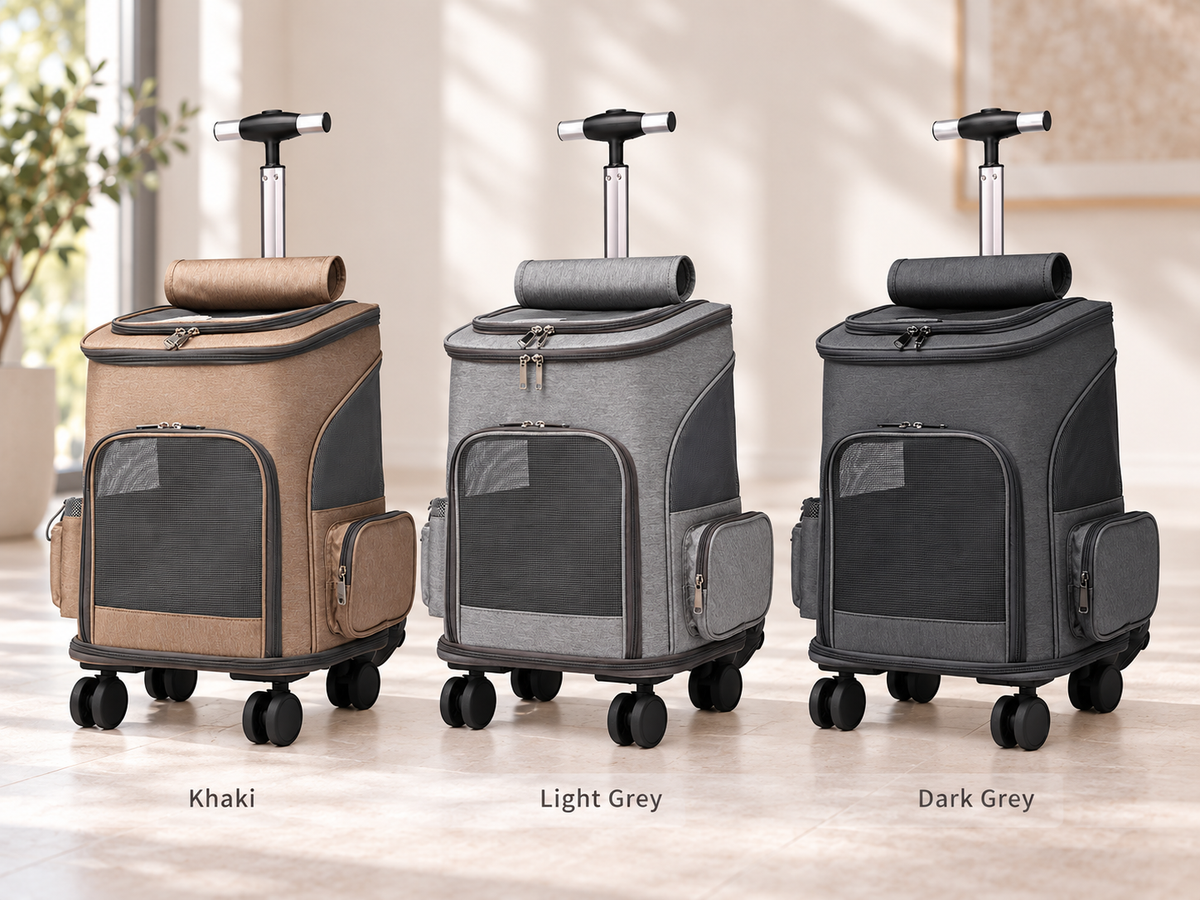 Convertible wheeled pet travel backpack in Khaki, Light Grey and Dark Grey.