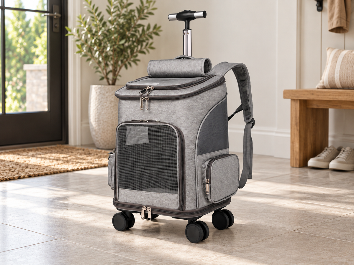 Light Grey convertible wheeled pet travel backpack with breathable mesh panels.