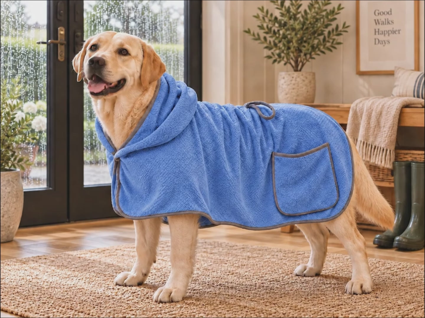 Labrador Retriever moving naturally while wearing a loose blue dog drying robe indoors.