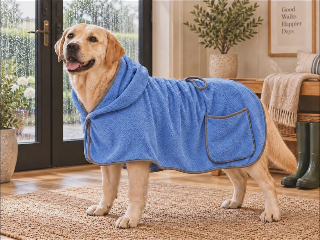 Labrador Retriever moving naturally while wearing a loose blue dog drying robe indoors.