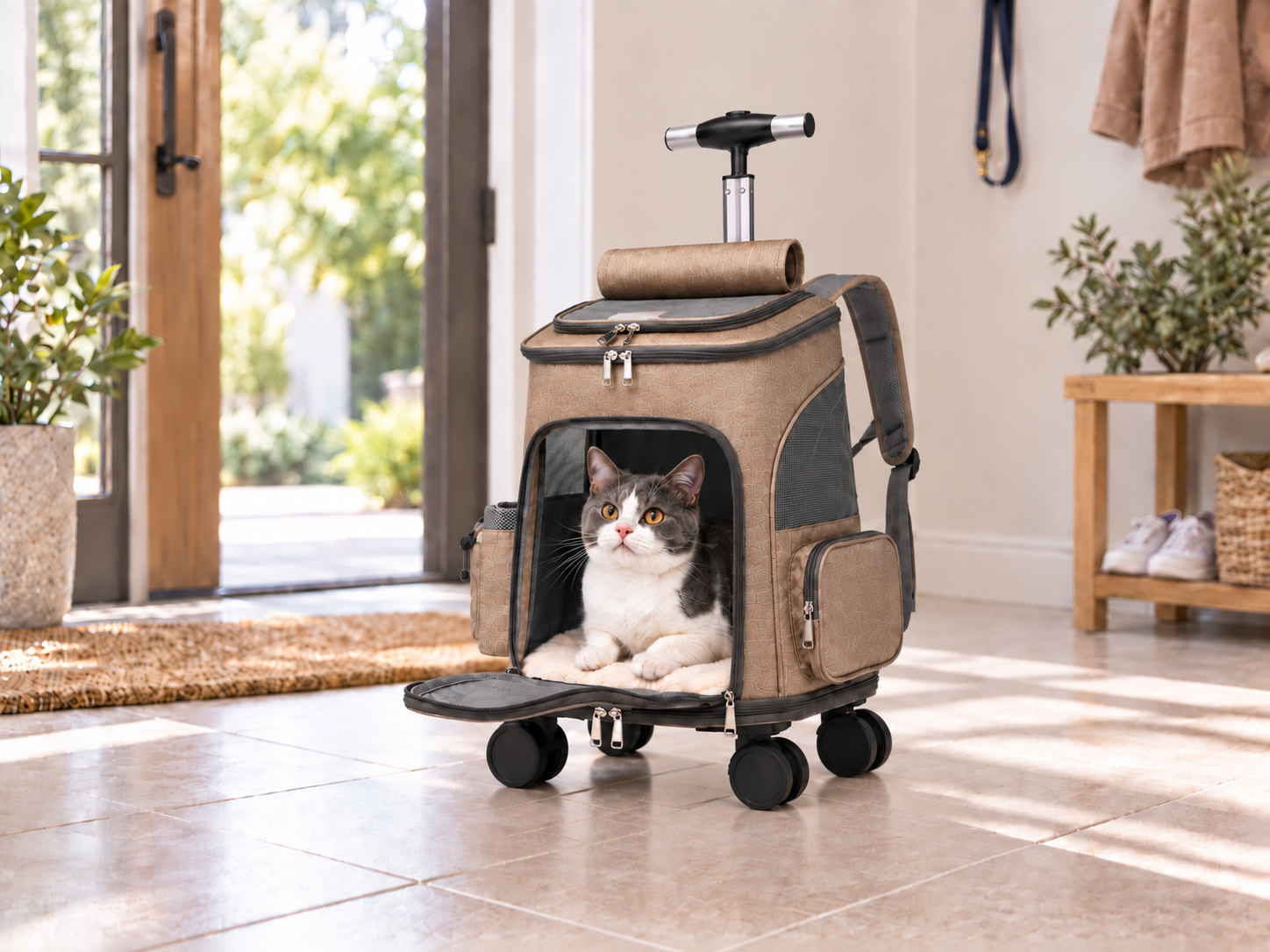 Convertible wheeled pet carrier demonstration showing setup, access, trolley and backpack modes.