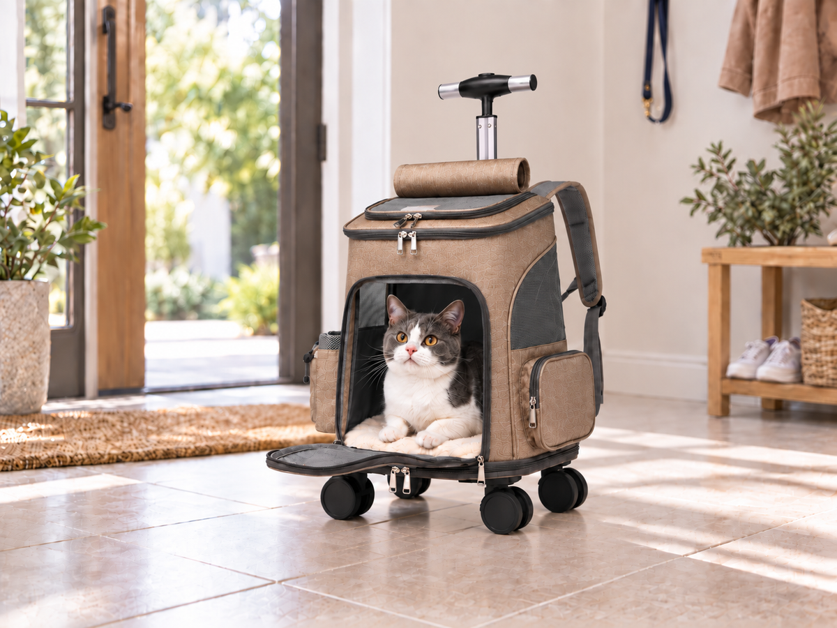 Convertible wheeled pet carrier demonstration showing setup, access, trolley and backpack modes.