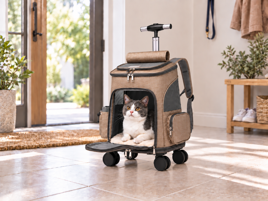 Convertible wheeled pet carrier demonstration showing setup, access, trolley and backpack modes.