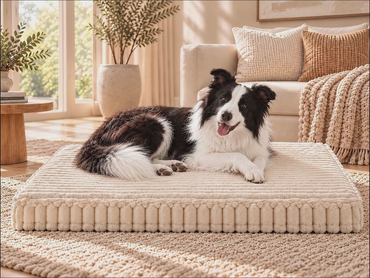 Border Collie relaxing on the Pavory ribbed dog bed, showing premium comfort, plush texture and 30D wave foam construction.